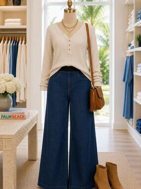 Knox Rose Pull On Wide-Leg Flare Jeans in Med  Blue - Classic Women's Style